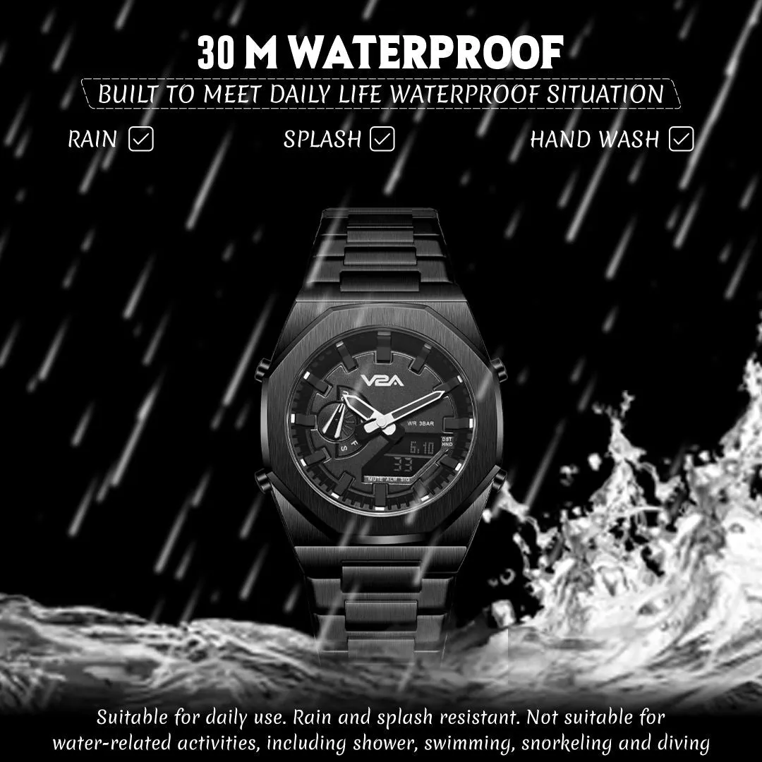 V2A Allure Multifunctional Analogue-Digital Watch for Men, Alloy Case, Stainless Steel Band, 30M Water Resistant, 5 Alarms, World Time, Countdown, Stopwatch Men Watch | Birthday Gift for Men