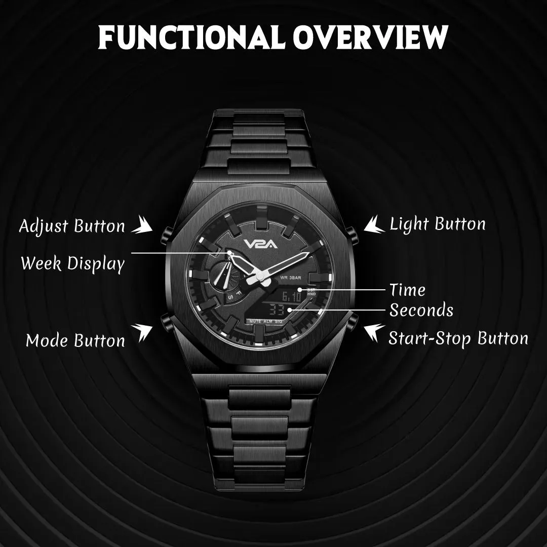 V2A Allure Multifunctional Analogue-Digital Watch for Men, Alloy Case, Stainless Steel Band, 30M Water Resistant, 5 Alarms, World Time, Countdown, Stopwatch Men Watch | Birthday Gift for Men