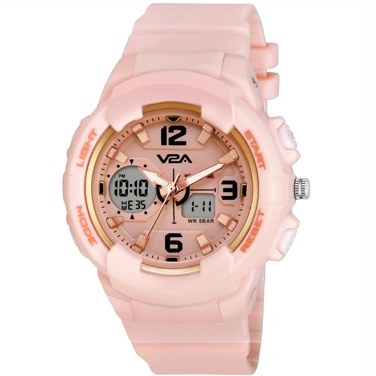 V2A Analog Digital 5ATM Waterproof Fashion Sports Watch with Backlight Alarm Stopwatch for Women and Girls (Pink Color Dial and Strap)