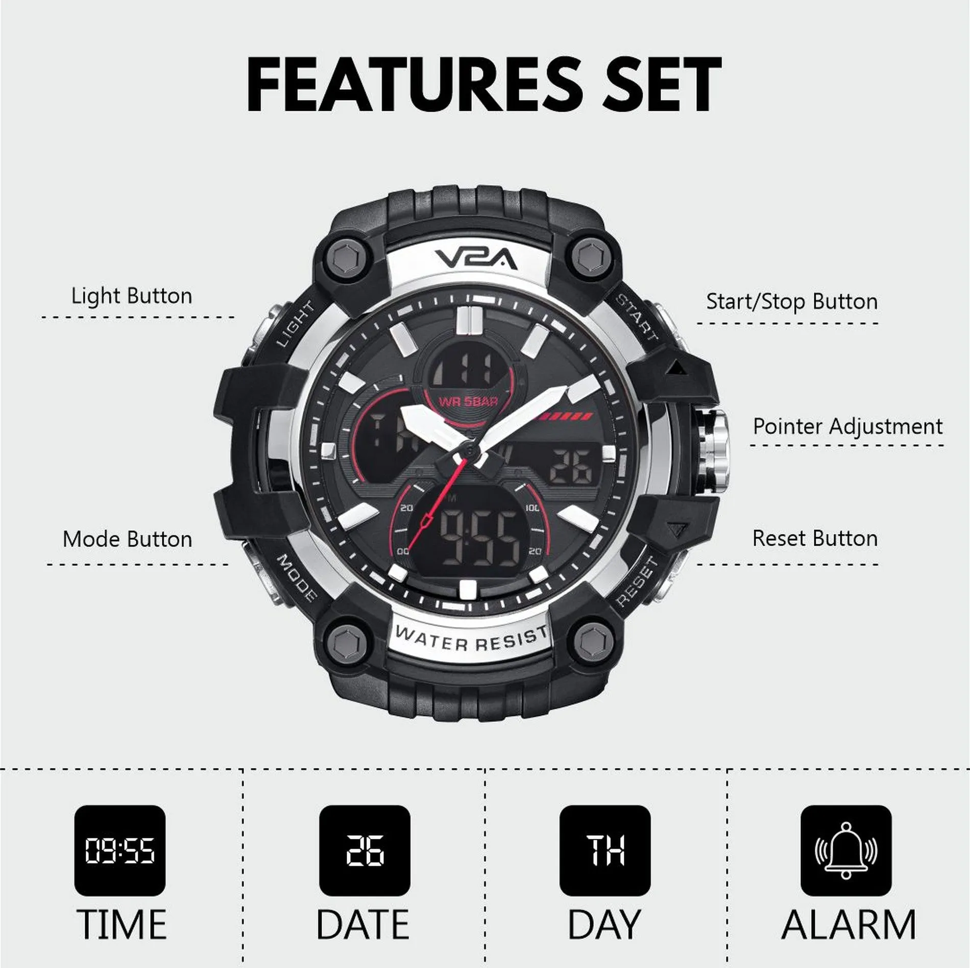 V2A Analog Digital Men Multifunctional Watch 5ATM Waterproof Sports Watch for Men | Gift for Men | Gift for Husband