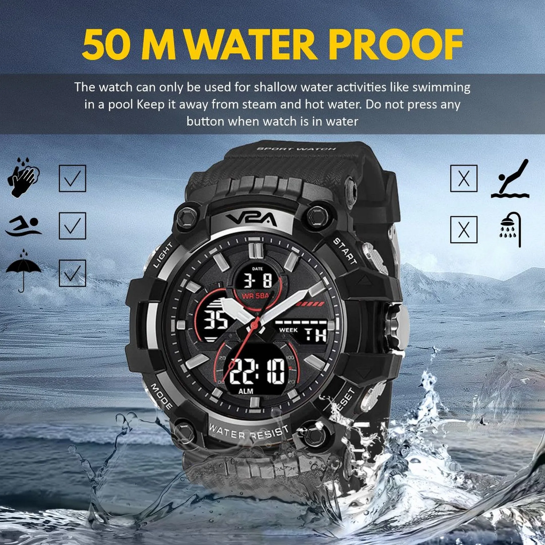 V2A Analog Digital Men Multifunctional Watch 5ATM Waterproof Sports Watch for Men | Gift for Men | Gift for Husband