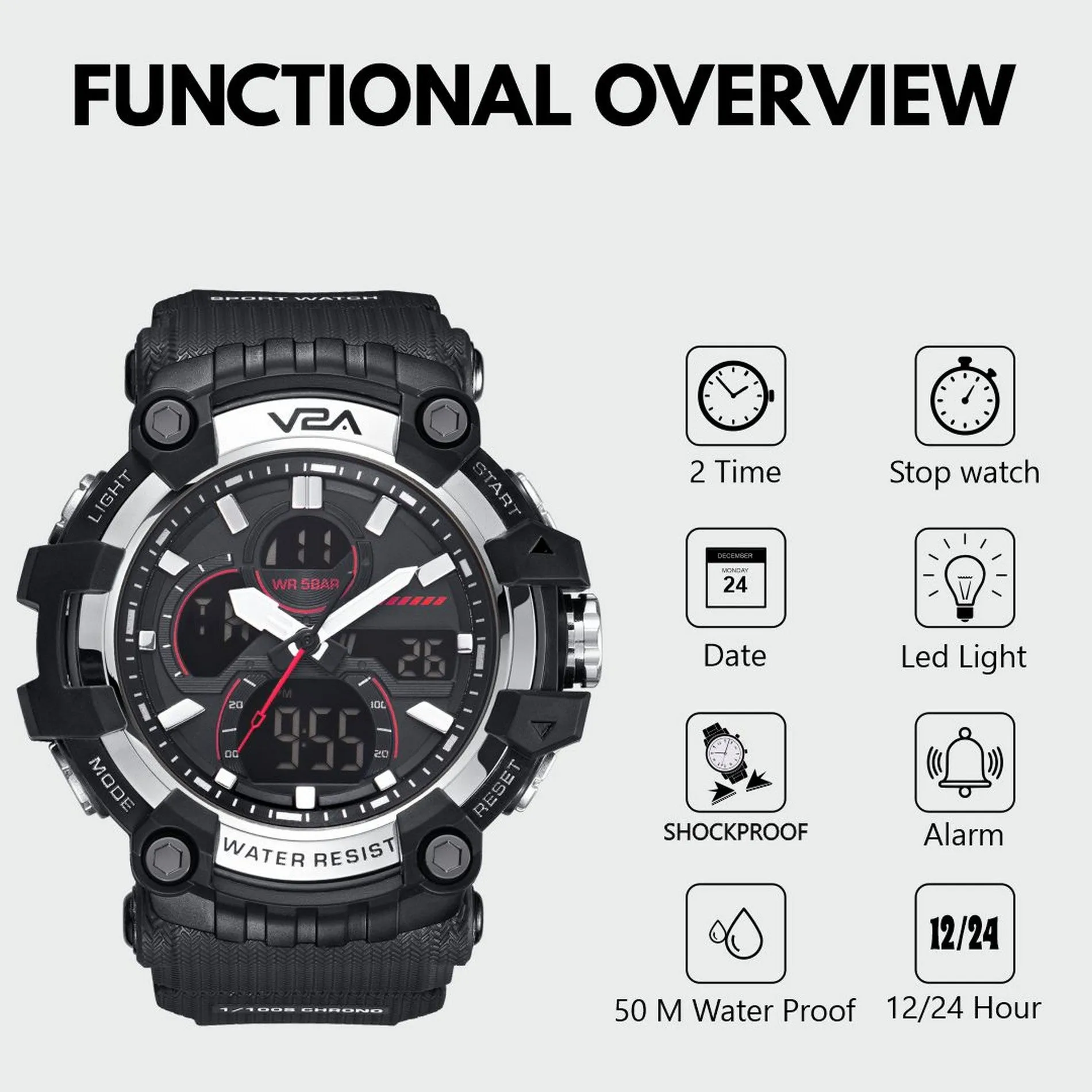 V2A Analog Digital Men Multifunctional Watch 5ATM Waterproof Sports Watch for Men | Gift for Men | Gift for Husband