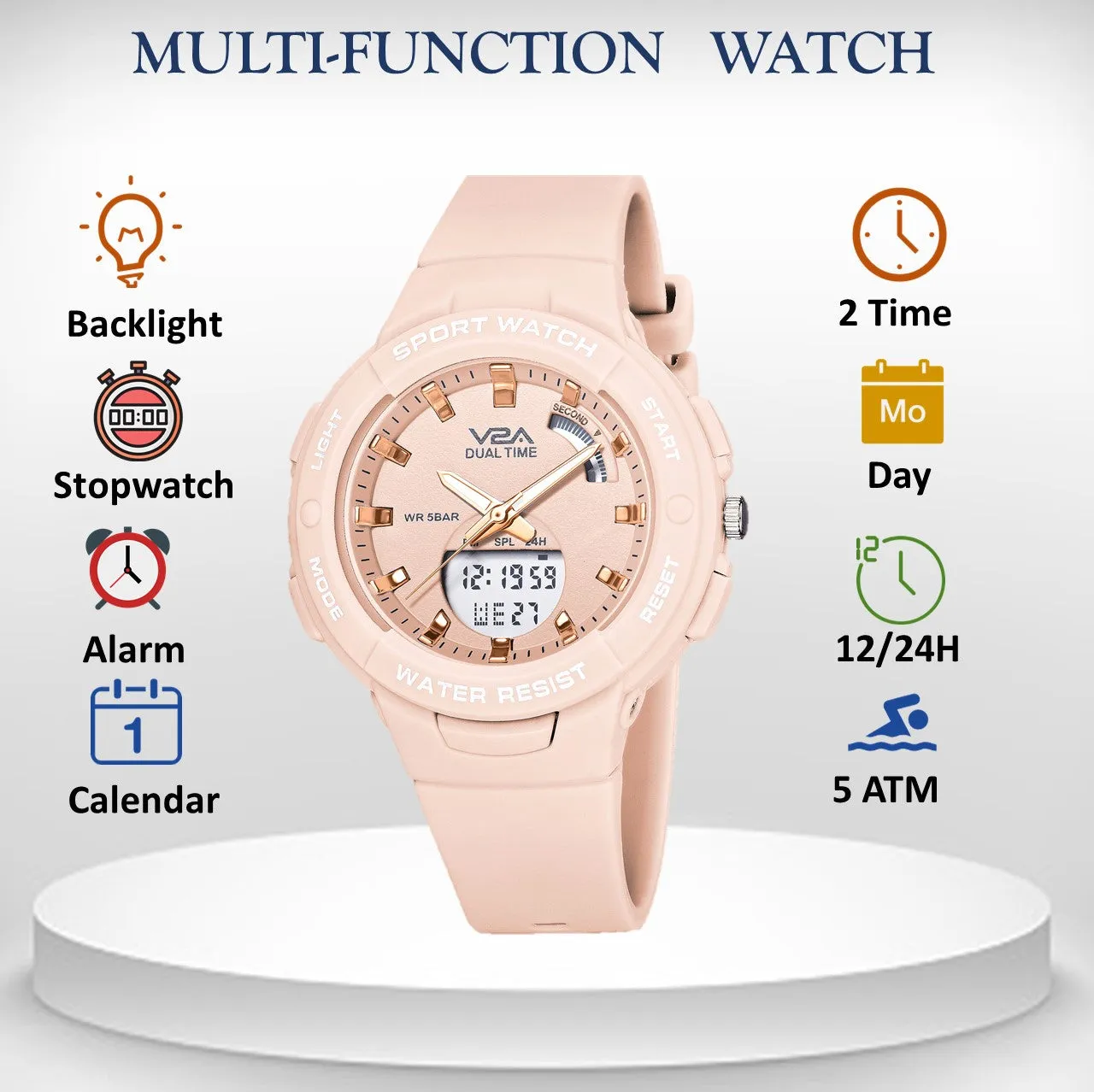 V2A Analog Digital Waterproof Fashion Sports Watch  for Women and Girls (Pink)