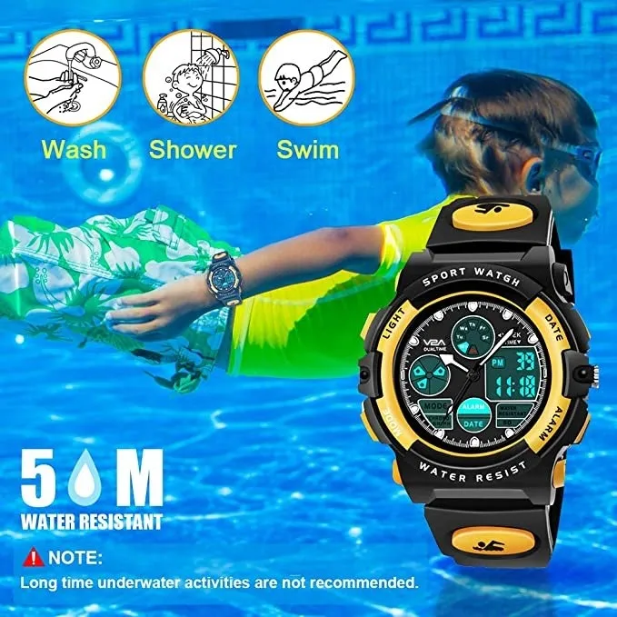 V2A Analogue Digital 5ATM Waterproof Kids Sports Watch with Backlight Alarm Stopwatch for Boys and Girls (White Dial and Yellow Colored Strap)