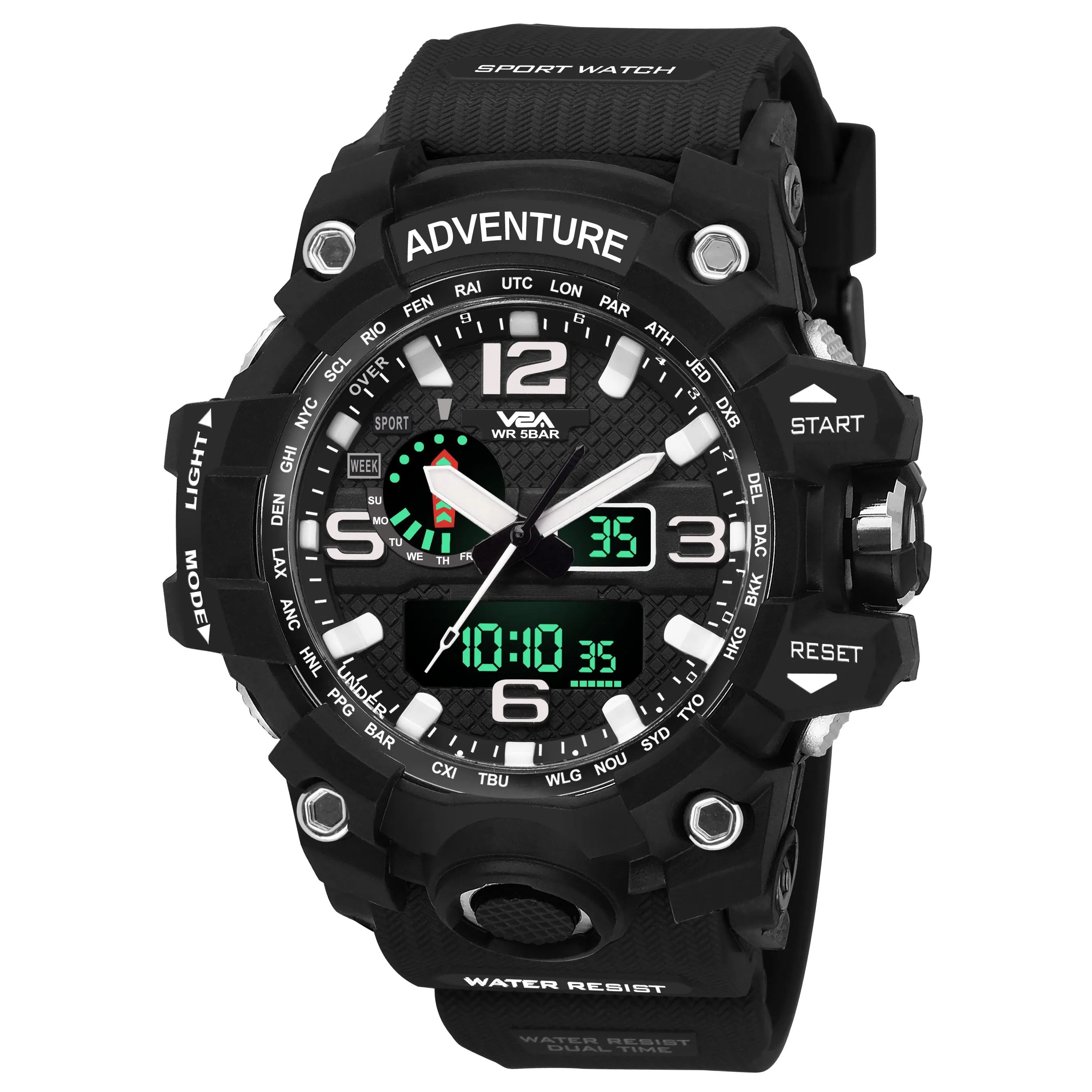 V2A Army Black Chronograph Shockproof Waterproof Analog-Digital Date Display Sports Watch for Men