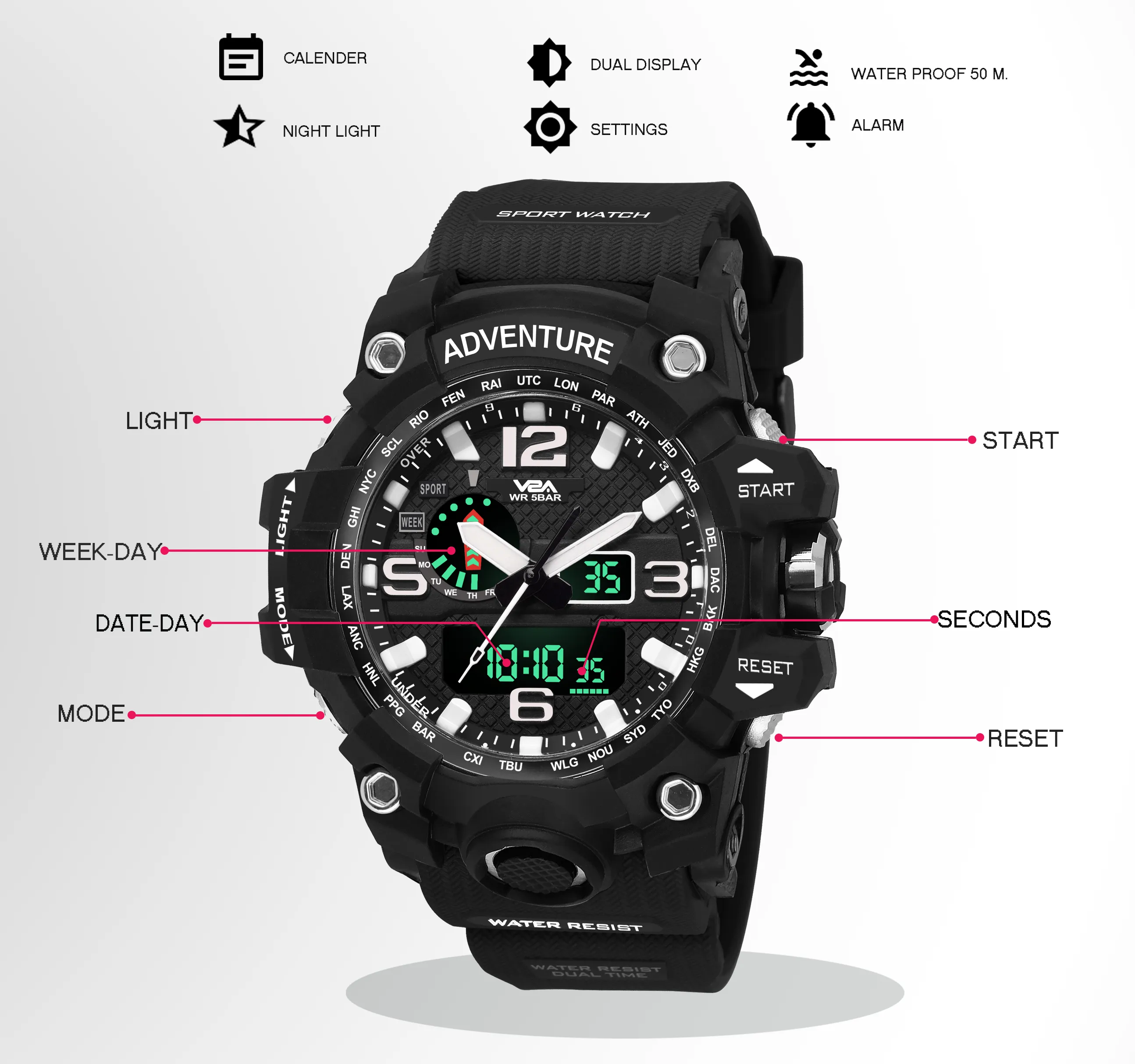 V2A Army Black Chronograph Shockproof Waterproof Analog-Digital Date Display Sports Watch for Men