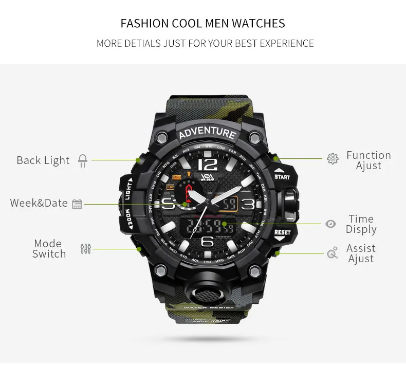 V2A Army Camo Green Chronograph Shockproof Waterproof Analog-Digital Day And Date Display Sports Watch For Men