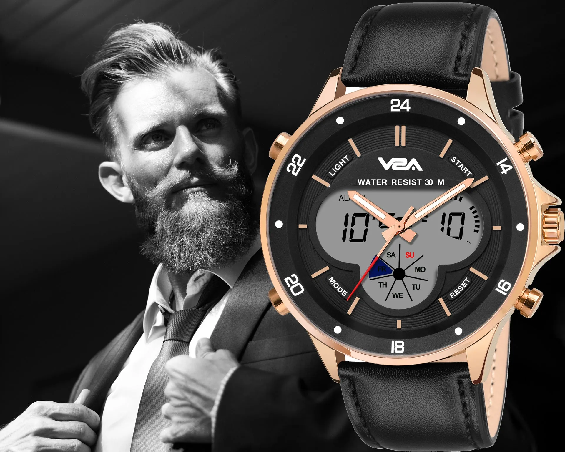 V2A Business Casual Leather Analog-Digital Gold Casing Waterproof Multifunction Watch For Men And Boys