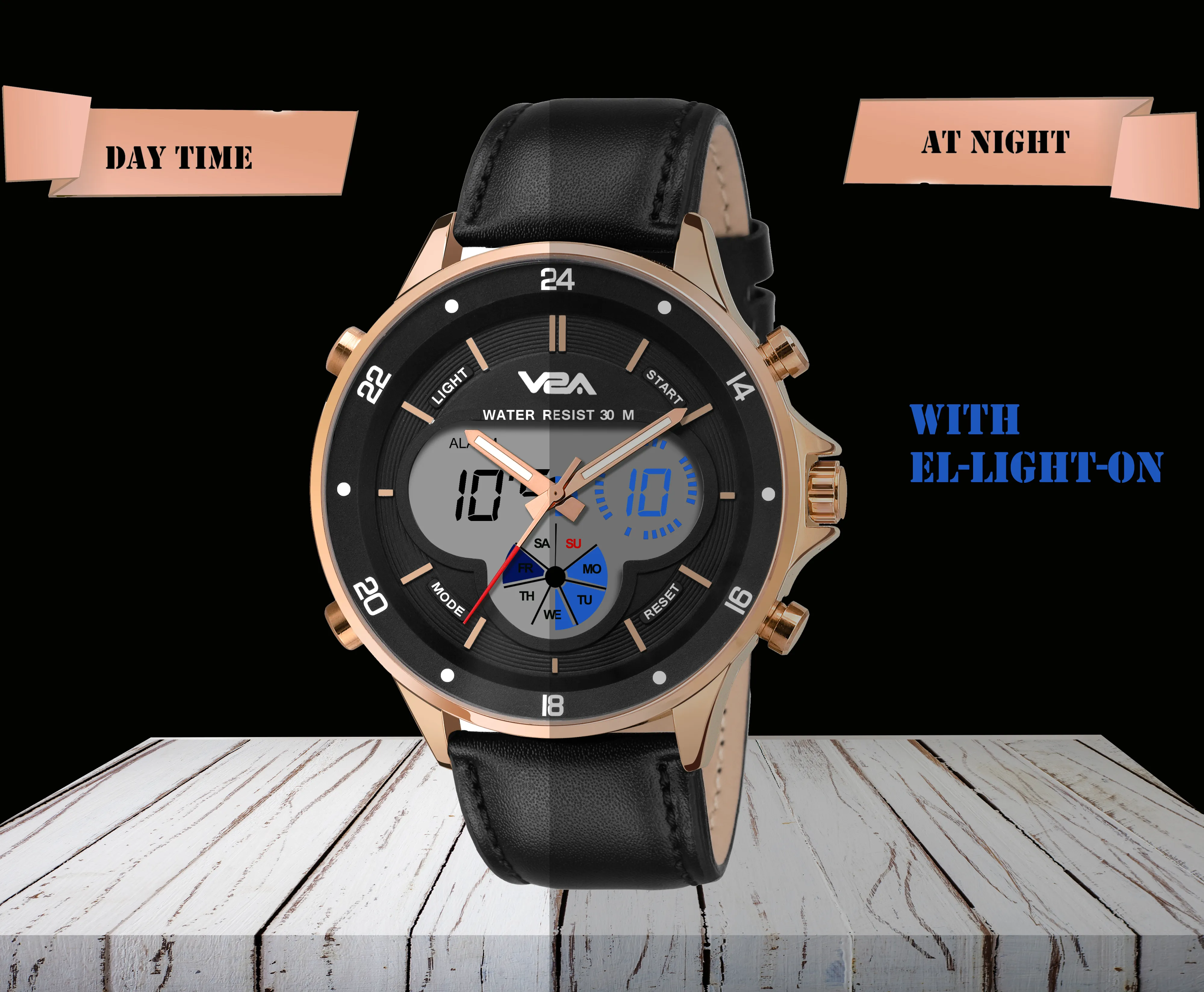 V2A Business Casual Leather Analog-Digital Gold Casing Waterproof Multifunction Watch For Men And Boys