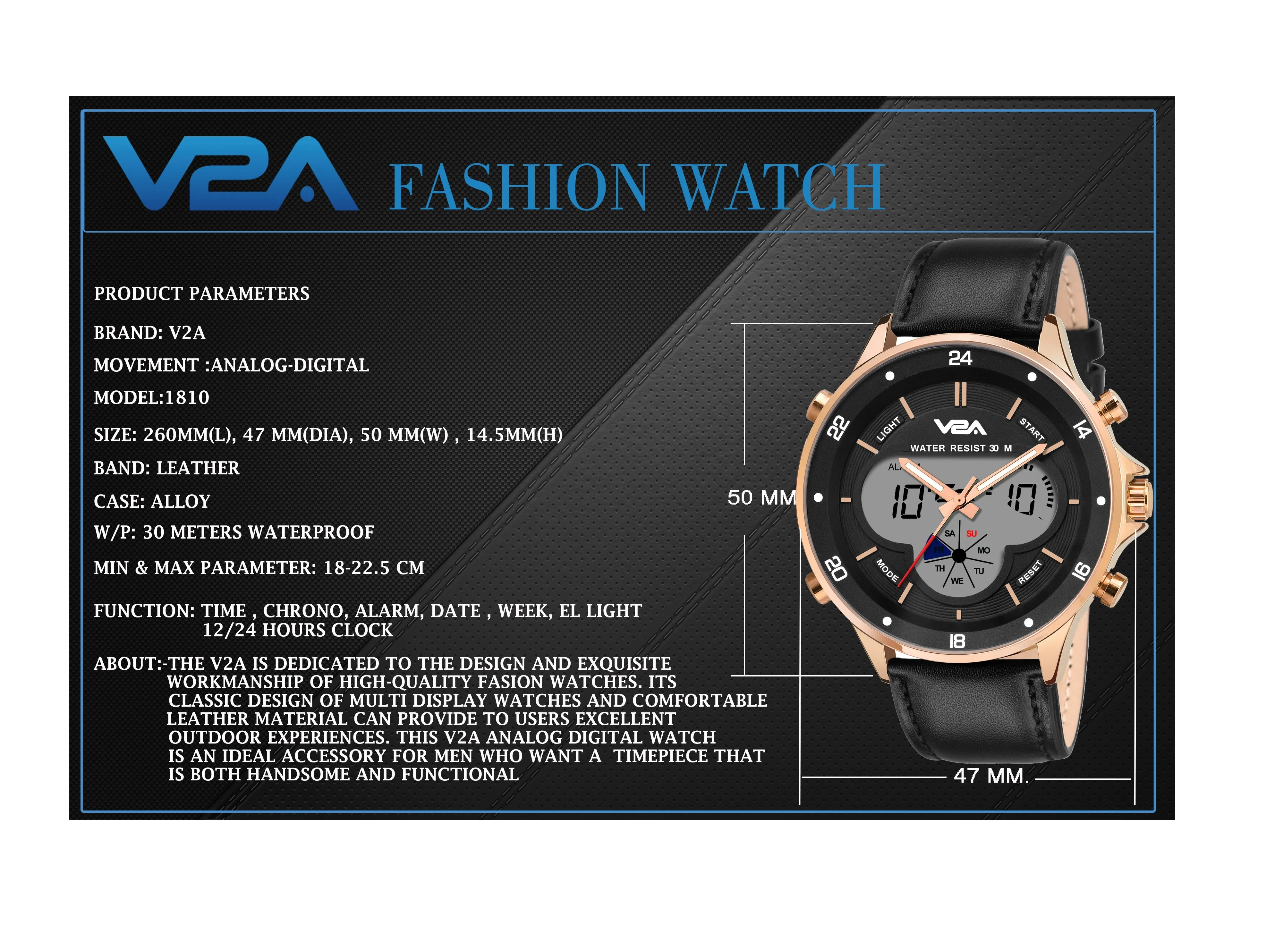 V2A Business Casual Leather Analog-Digital Gold Casing Waterproof Multifunction Watch For Men And Boys