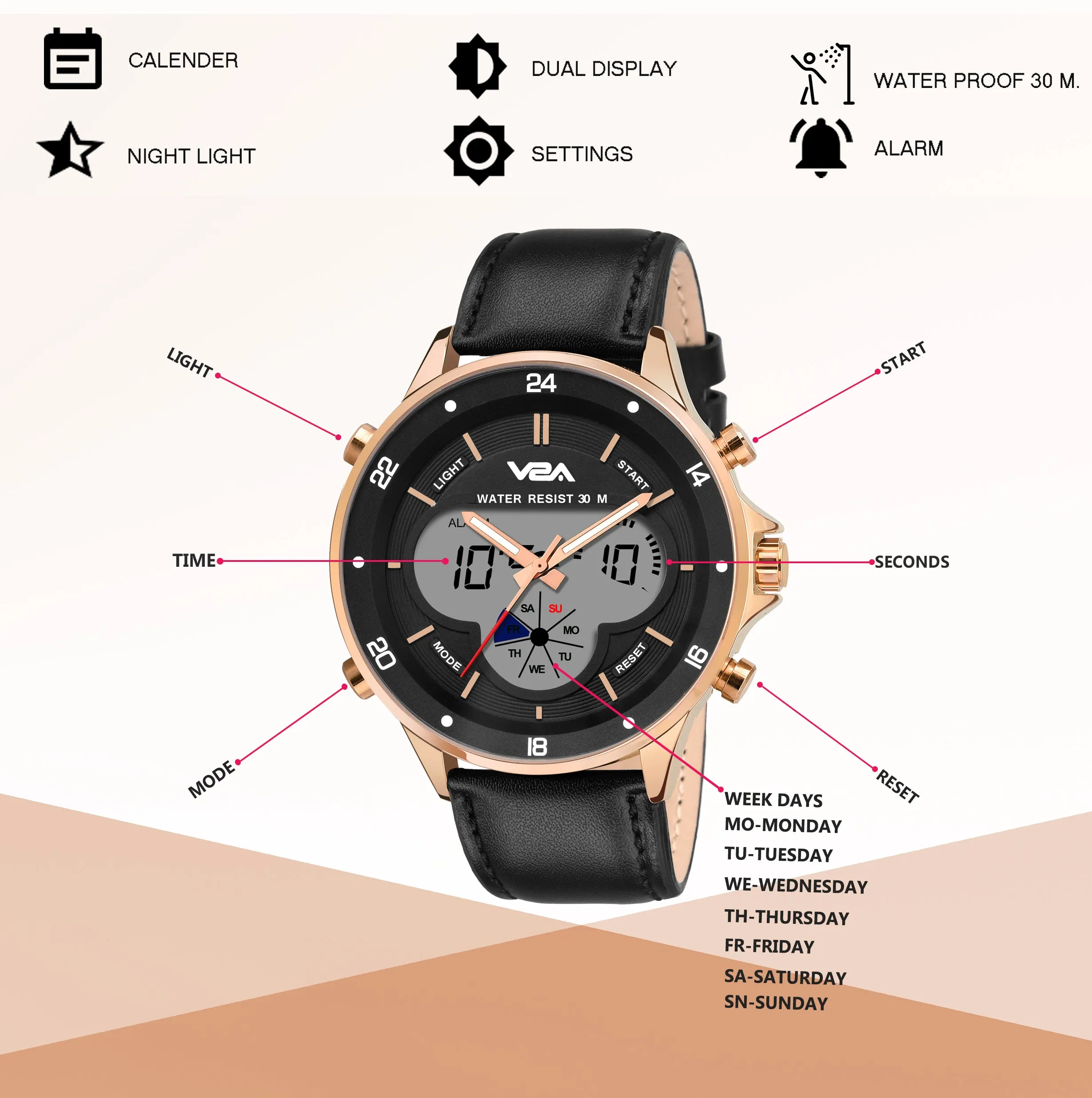 V2A Business Casual Leather Analog-Digital Gold Casing Waterproof Multifunction Watch For Men And Boys