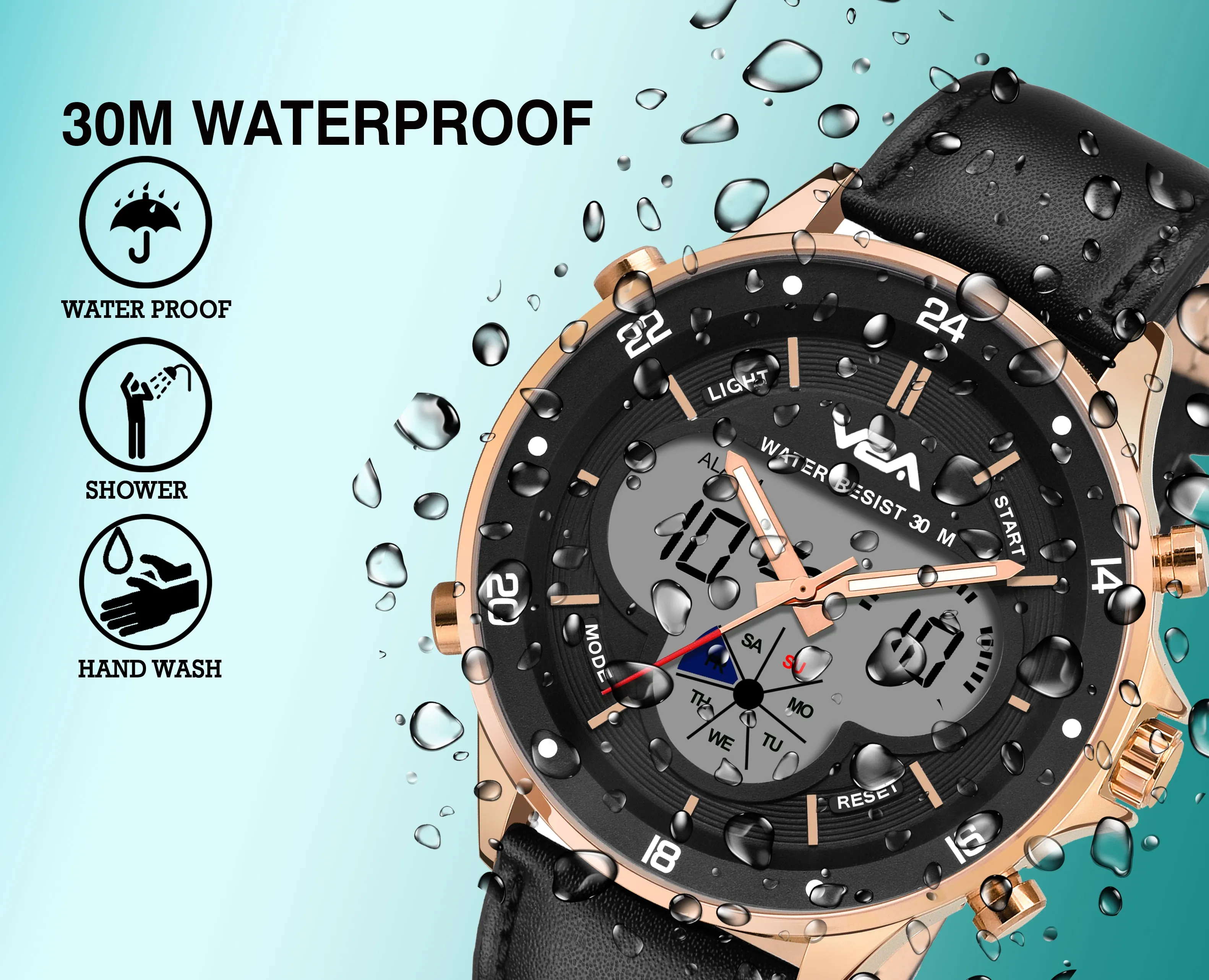 V2A Business Casual Leather Analog-Digital Gold Casing Waterproof Multifunction Watch For Men And Boys