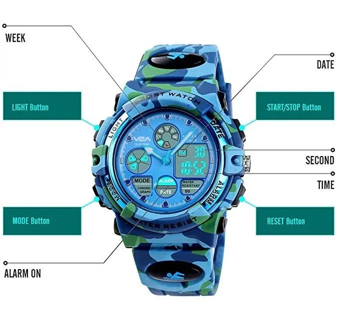 V2A Camouflage Analogue Digital Waterproof Kids Sports Watch with Backlight Alarm Stopwatch for Boys and Girls (White Dial with Blue and Green Colored Strap)