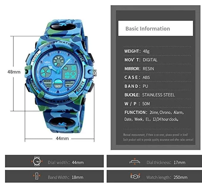 V2A Camouflage Analogue Digital Waterproof Kids Sports Watch with Backlight Alarm Stopwatch for Boys and Girls (White Dial with Blue and Green Colored Strap)