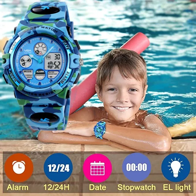 V2A Camouflage Analogue Digital Waterproof Kids Sports Watch with Backlight Alarm Stopwatch for Boys and Girls (White Dial with Blue and Green Colored Strap)