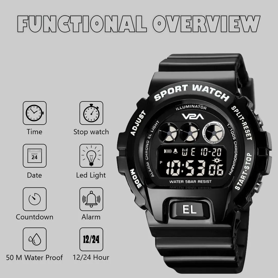 V2A Deep Black Digital Watch for Men and Boys Sports Watch with Dual Time Waterproof Latest Men’s Watch | Gifts for Men | Gift for Brother | Gift for Husband | Birthday Gifts