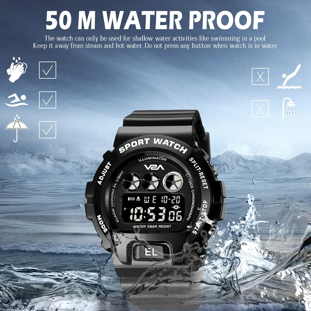 V2A Deep Black Digital Watch for Men and Boys Sports Watch with Dual Time Waterproof Latest Men’s Watch | Gifts for Men | Gift for Brother | Gift for Husband | Birthday Gifts