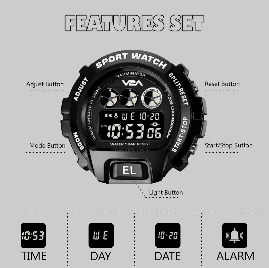 V2A Deep Black Digital Watch for Men and Boys Sports Watch with Dual Time Waterproof Latest Men’s Watch | Gifts for Men | Gift for Brother | Gift for Husband | Birthday Gifts