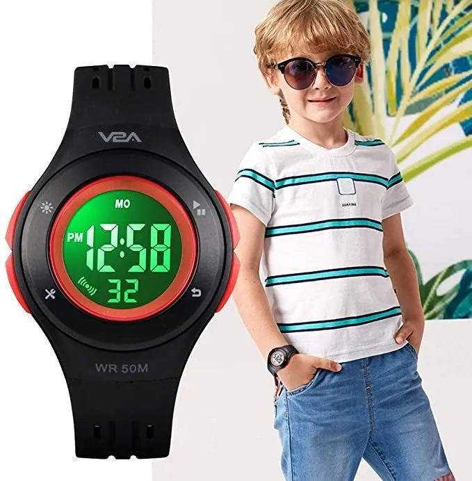 V2A Digital 5ATM Waterproof Kids Sports Watch with 7 Color Backlight Alarm Stopwatch for Boys and Girls (White Dial and Black Colored Strap)