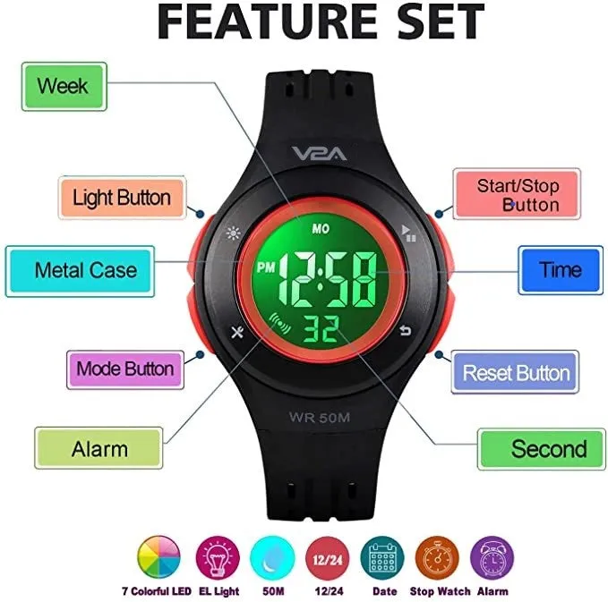 V2A Digital 5ATM Waterproof Kids Sports Watch with 7 Color Backlight Alarm Stopwatch for Boys and Girls (White Dial and Black Colored Strap)