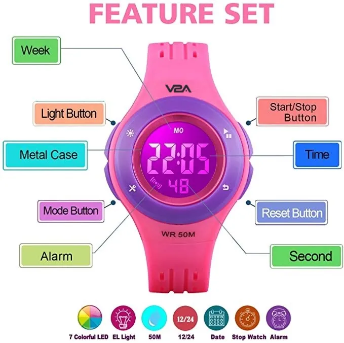 V2A Digital 5ATM Waterproof Kids Sports Watch with 7 Color Backlight Alarm Stopwatch for Boys and Girls (White Dial and Black Colored Strap)