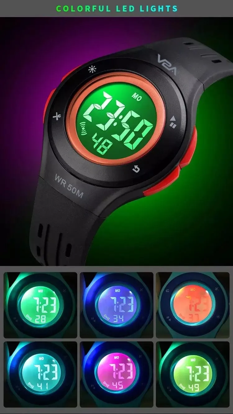 V2A Digital 5ATM Waterproof Kids Sports Watch with 7 Color Backlight Alarm Stopwatch for Boys and Girls (White Dial and Black Colored Strap)