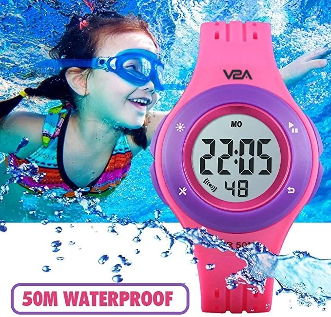 V2A Digital 5ATM Waterproof Kids Sports Watch with 7 Color Backlight Alarm Stopwatch for Girls (White Dial and Pink Colored Strap)