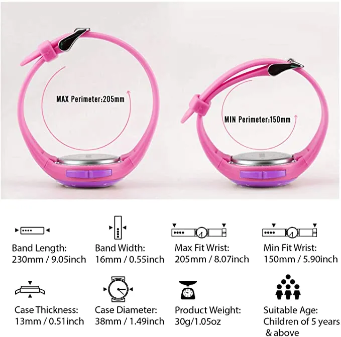 V2A Digital 5ATM Waterproof Kids Sports Watch with 7 Color Backlight Alarm Stopwatch for Girls (White Dial and Pink Colored Strap)