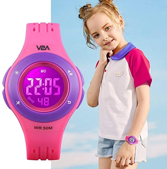 V2A Digital 5ATM Waterproof Kids Sports Watch with 7 Color Backlight Alarm Stopwatch for Girls (White Dial and Pink Colored Strap)