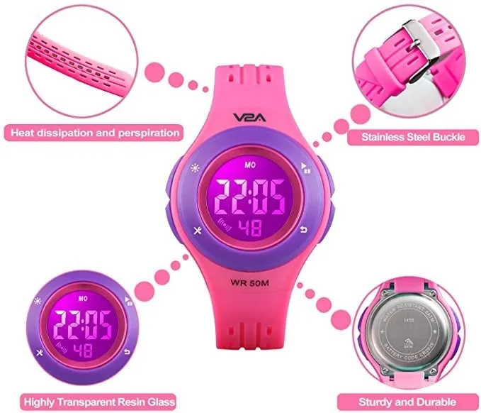 V2A Digital 5ATM Waterproof Kids Sports Watch with 7 Color Backlight Alarm Stopwatch for Girls (White Dial and Pink Colored Strap)