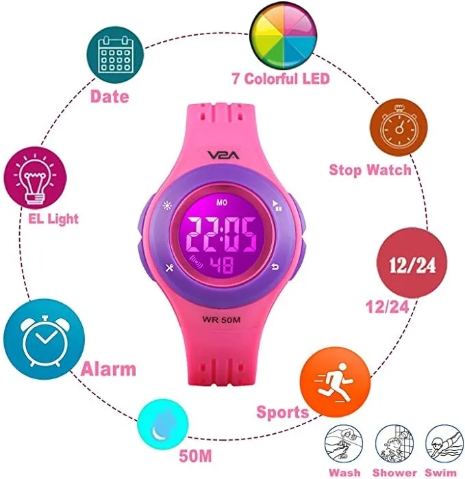 V2A Digital 5ATM Waterproof Kids Sports Watch with 7 Color Backlight Alarm Stopwatch for Girls (White Dial and Pink Colored Strap)