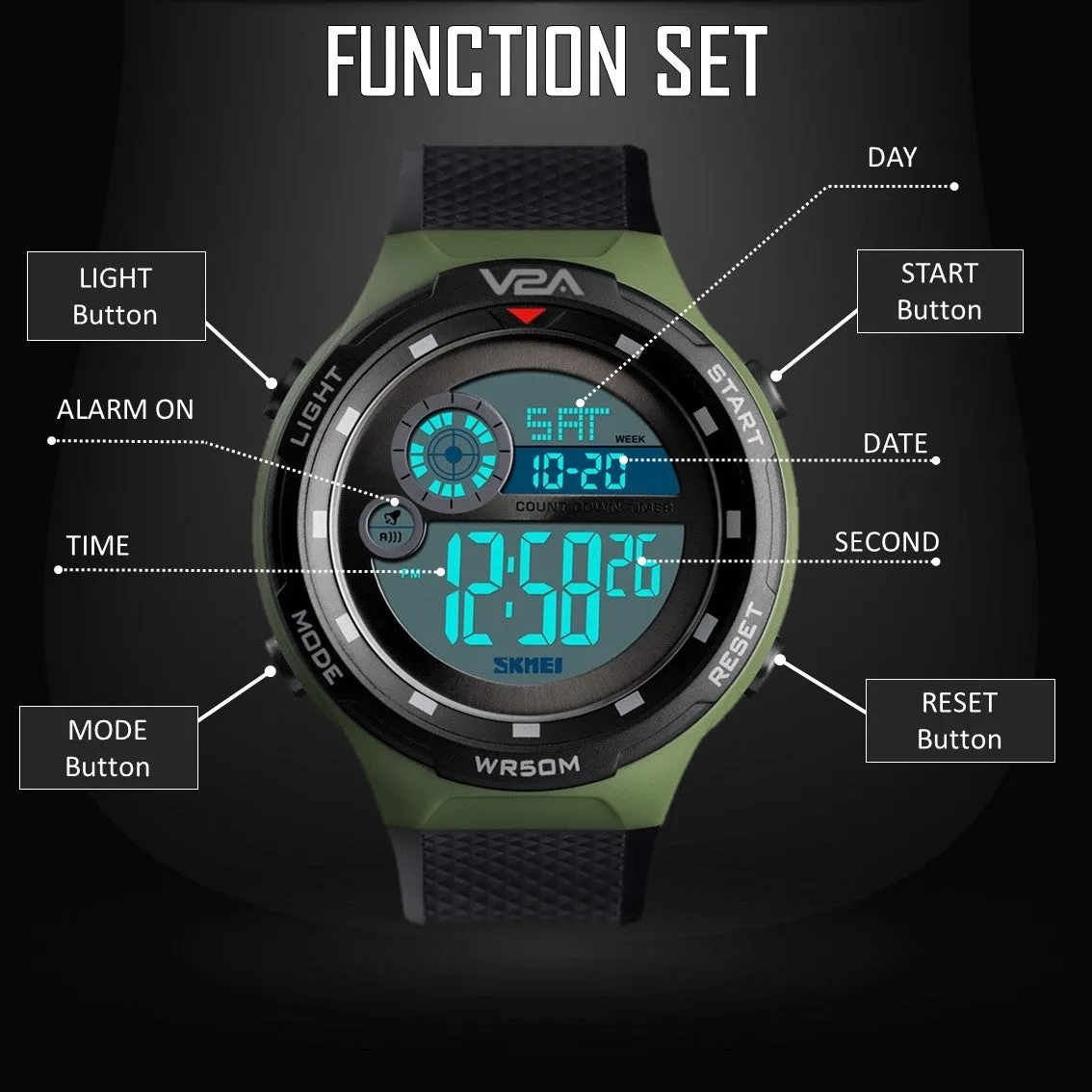 V2A Digital 5ATM Waterproof Sports Watch with Backlight Alarm Stopwatch for Men and Boys (White Dial with Black and Green Colored Strap)