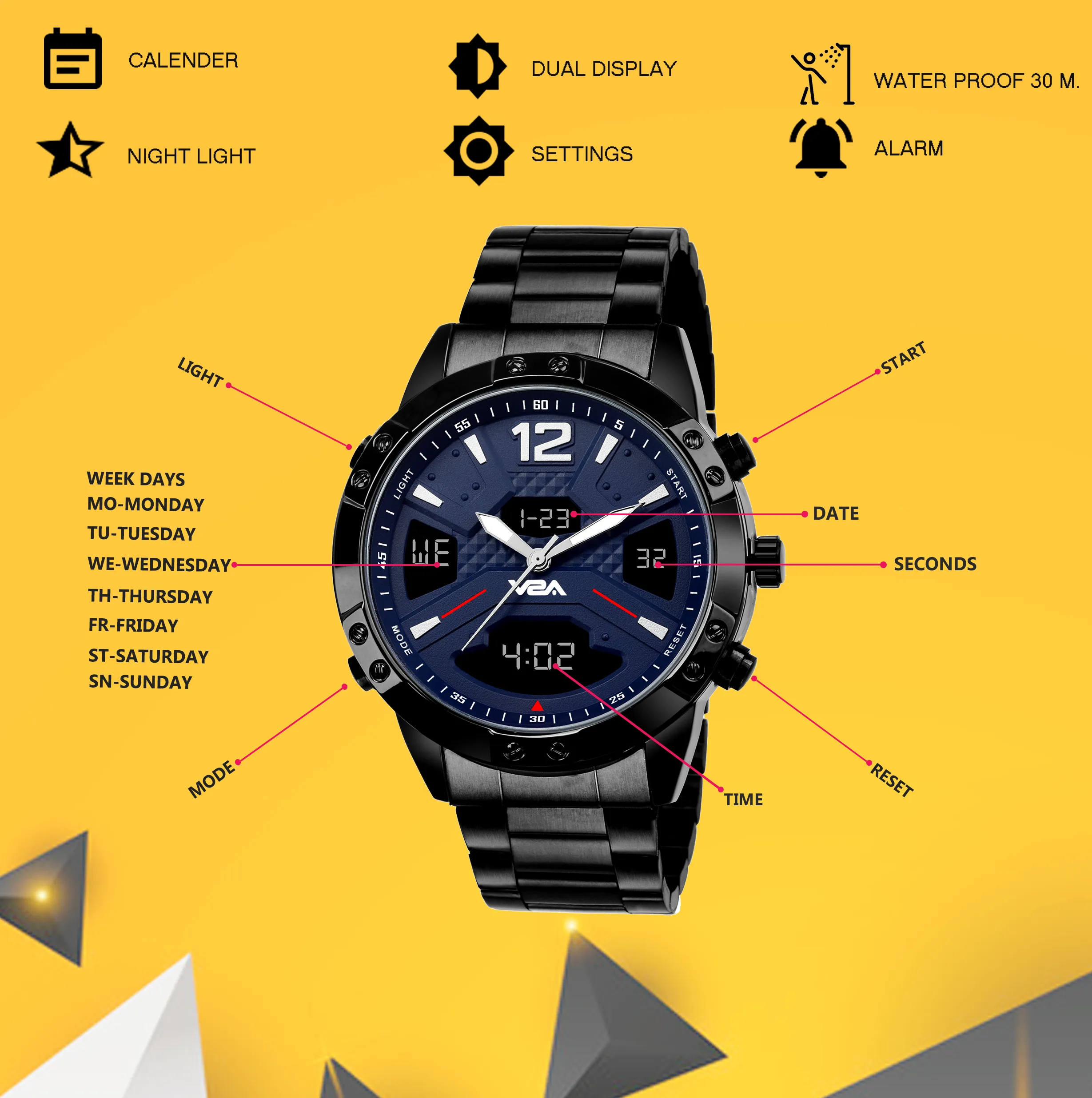 V2A Dress Unique Casual Blue Display Analog-Digital Stainless Steel Multifunction Watch For Men And Boys