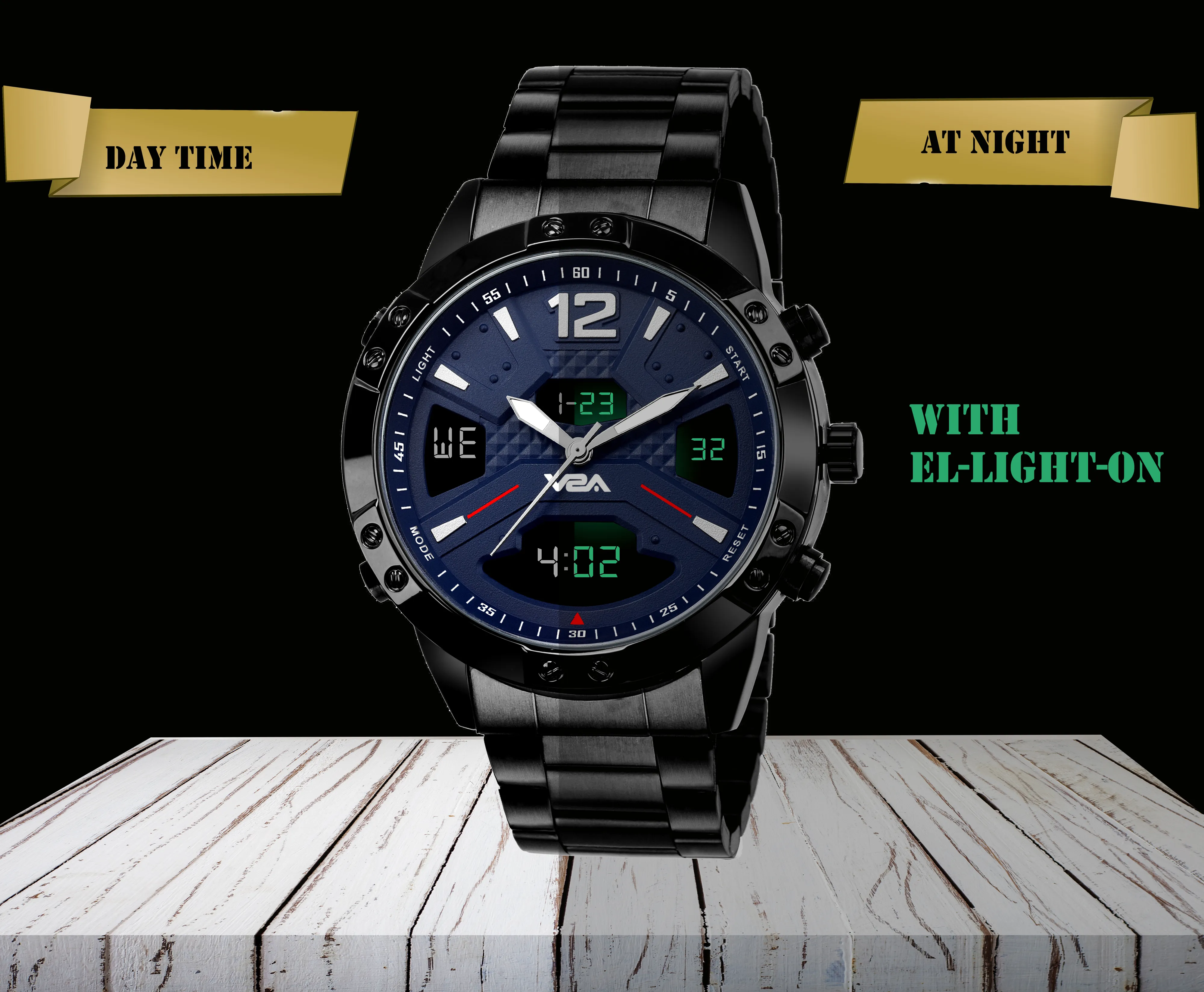 V2A Dress Unique Casual Blue Display Analog-Digital Stainless Steel Multifunction Watch For Men And Boys