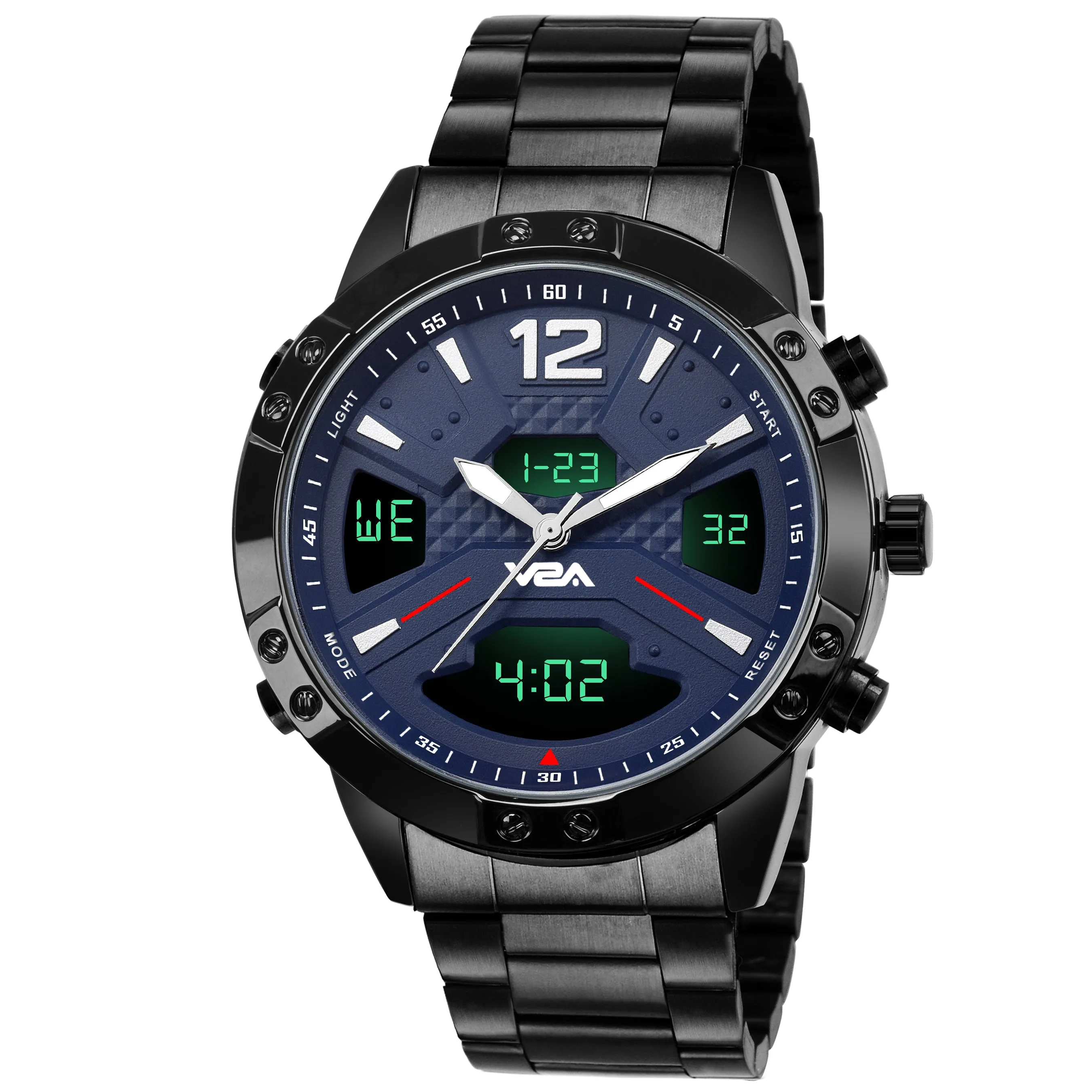 V2A Dress Unique Casual Blue Display Analog-Digital Stainless Steel Multifunction Watch For Men And Boys