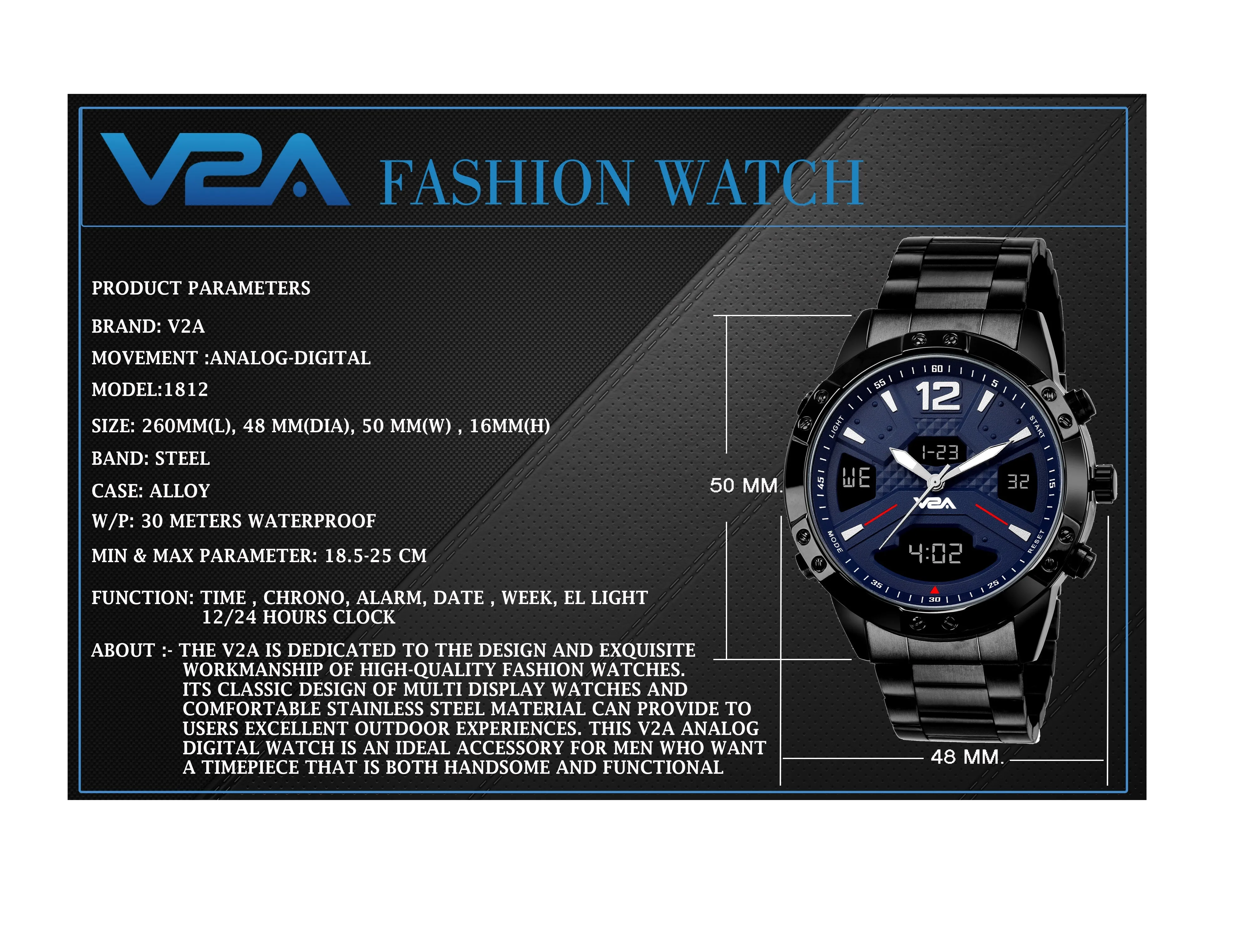 V2A Dress Unique Casual Blue Display Analog-Digital Stainless Steel Multifunction Watch For Men And Boys