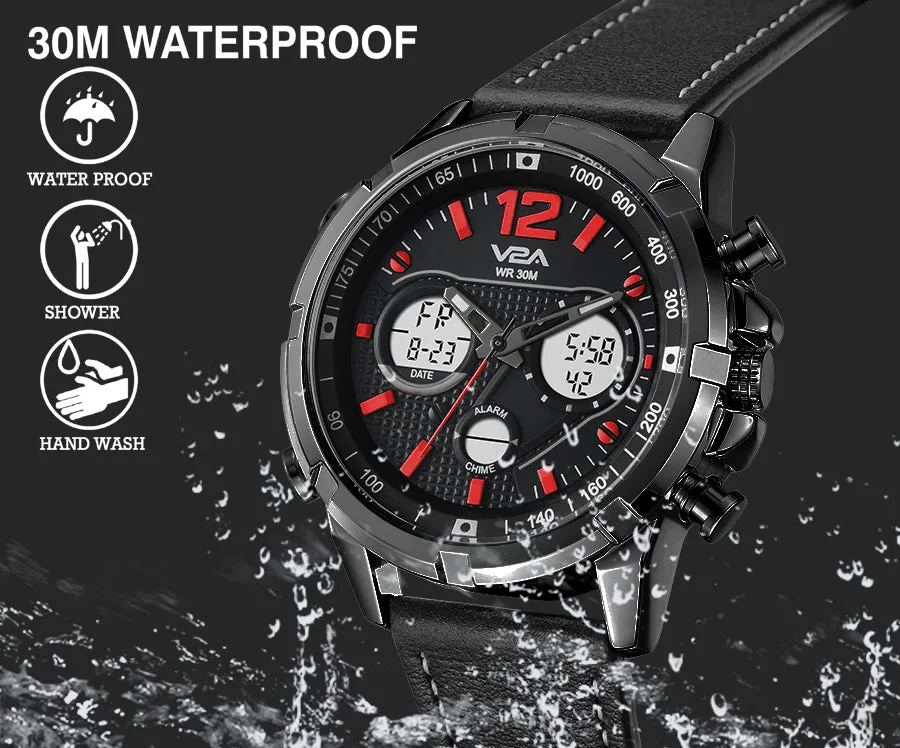 V2A Fashion Casual Wear Multi-Function Genuine Leather Chronograph Water-Resistant Watch For Men And Boys