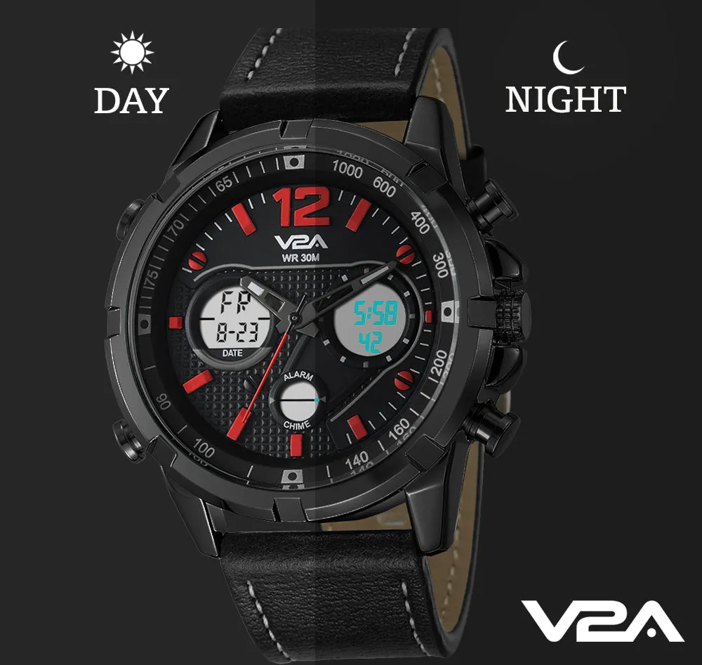 V2A Fashion Casual Wear Multi-Function Genuine Leather Chronograph Water-Resistant Watch For Men And Boys