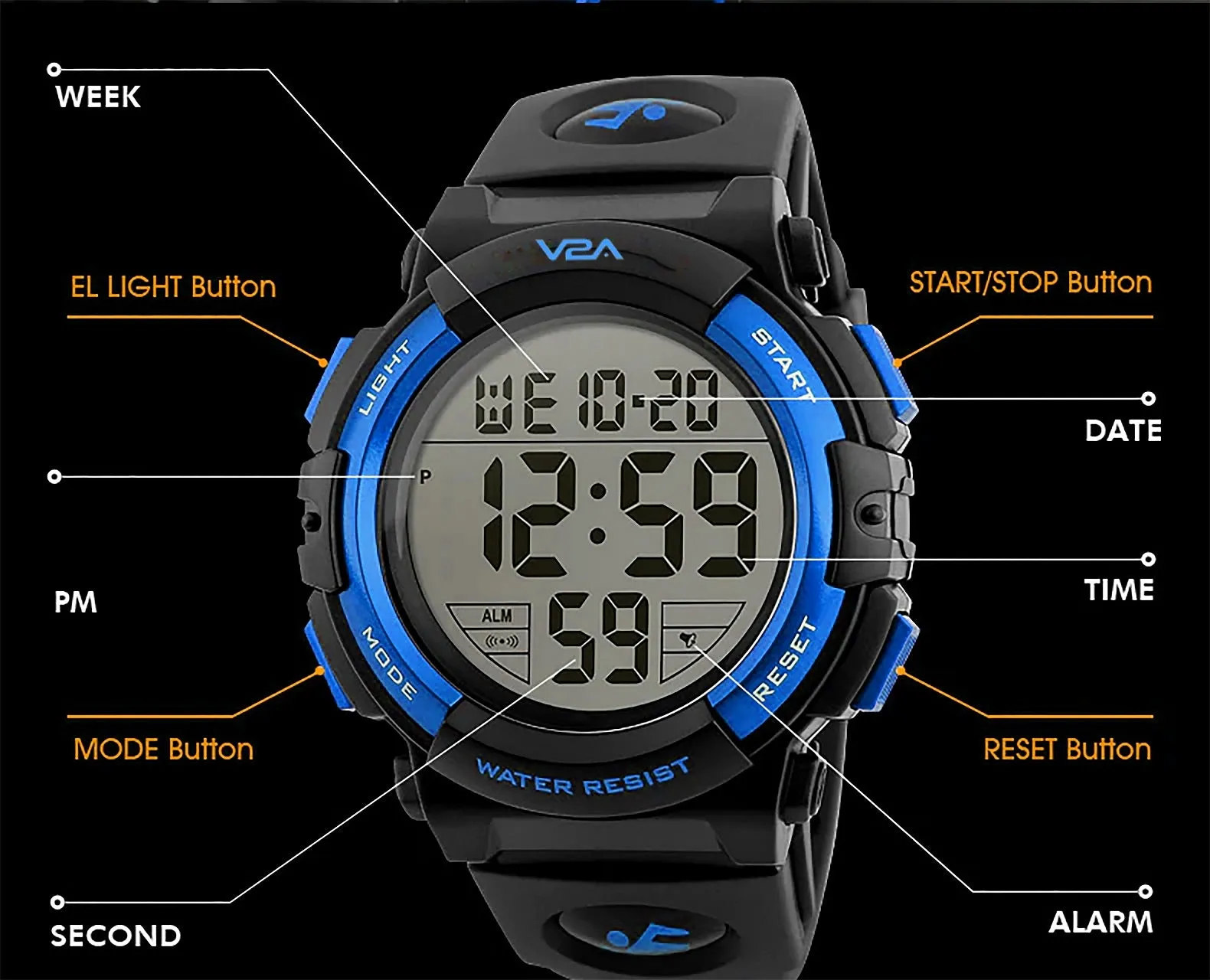 V2A Kids LED 5ATM Waterproof Digital Sports Casual Watch For Boys And Girls