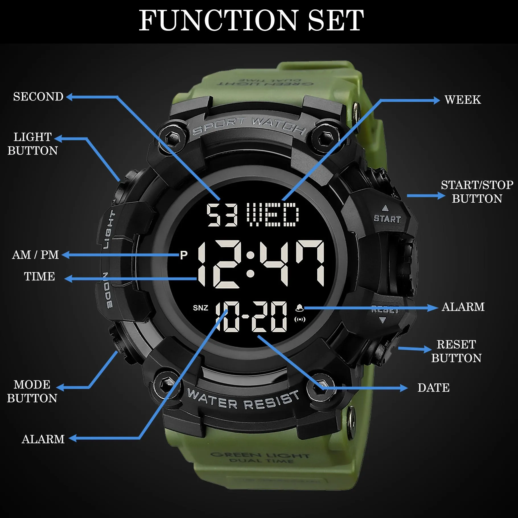 V2A Men Big and Bold Digital Sports Watch with Dual Time Stopwatch Countown Timer 5 ATM Waterproof Digital Sports Watch for Men