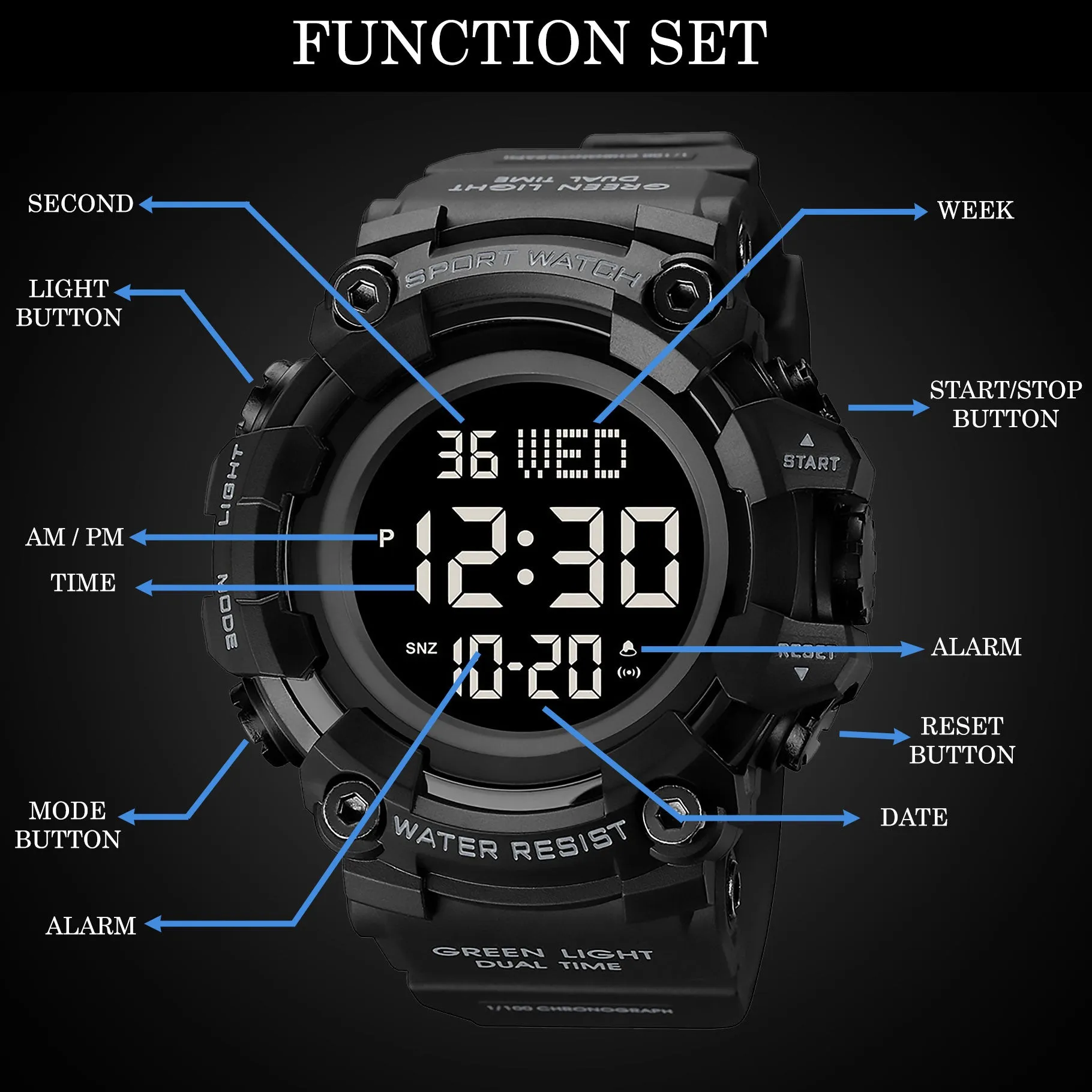 V2A Men Big and Bold Digital Sports Watch with Dual Time Stopwatch Countown Timer 5 ATM Waterproof Digital Sports Watch for Men