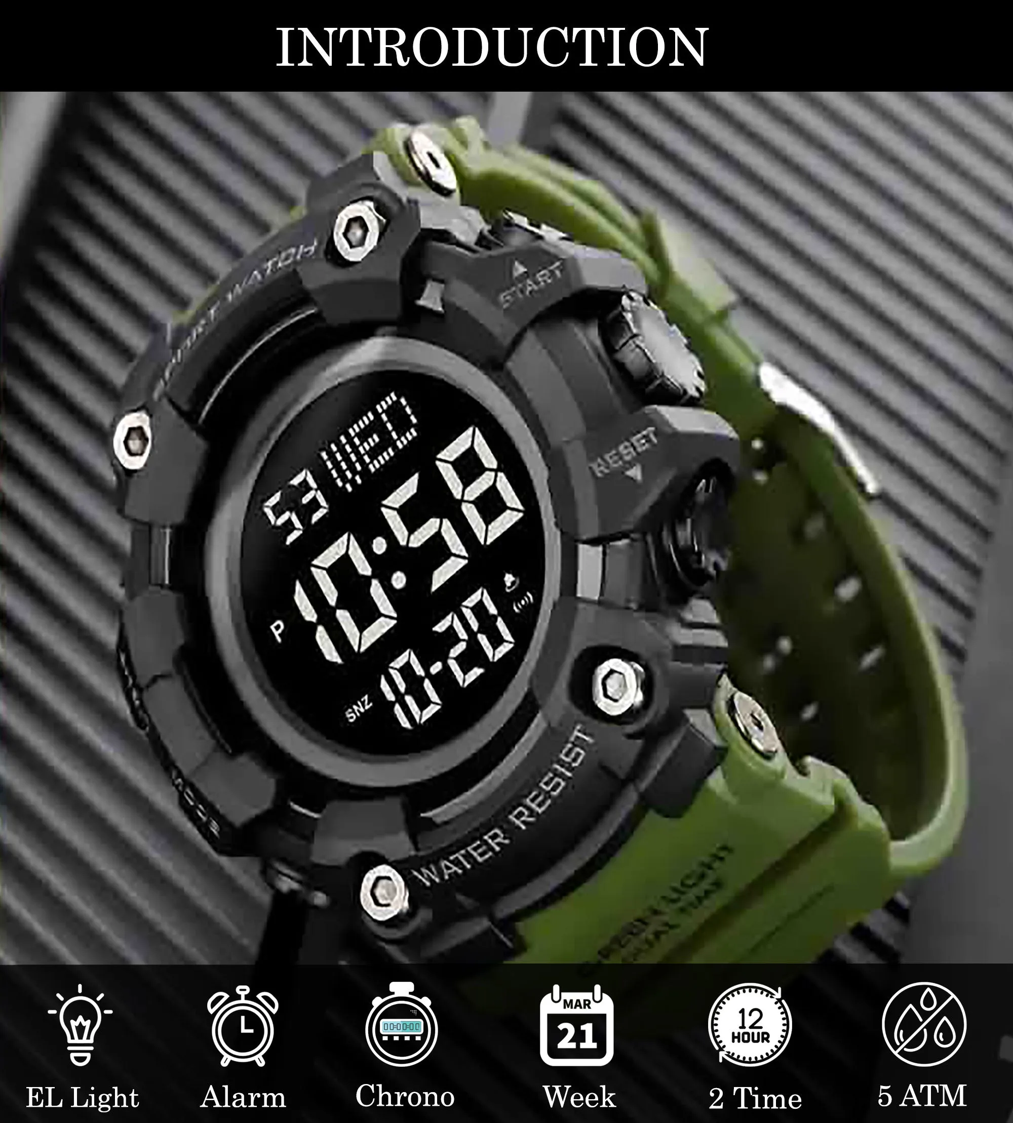 V2A Men Big and Bold Digital Sports Watch with Dual Time Stopwatch Countown Timer 5 ATM Waterproof Digital Sports Watch for Men