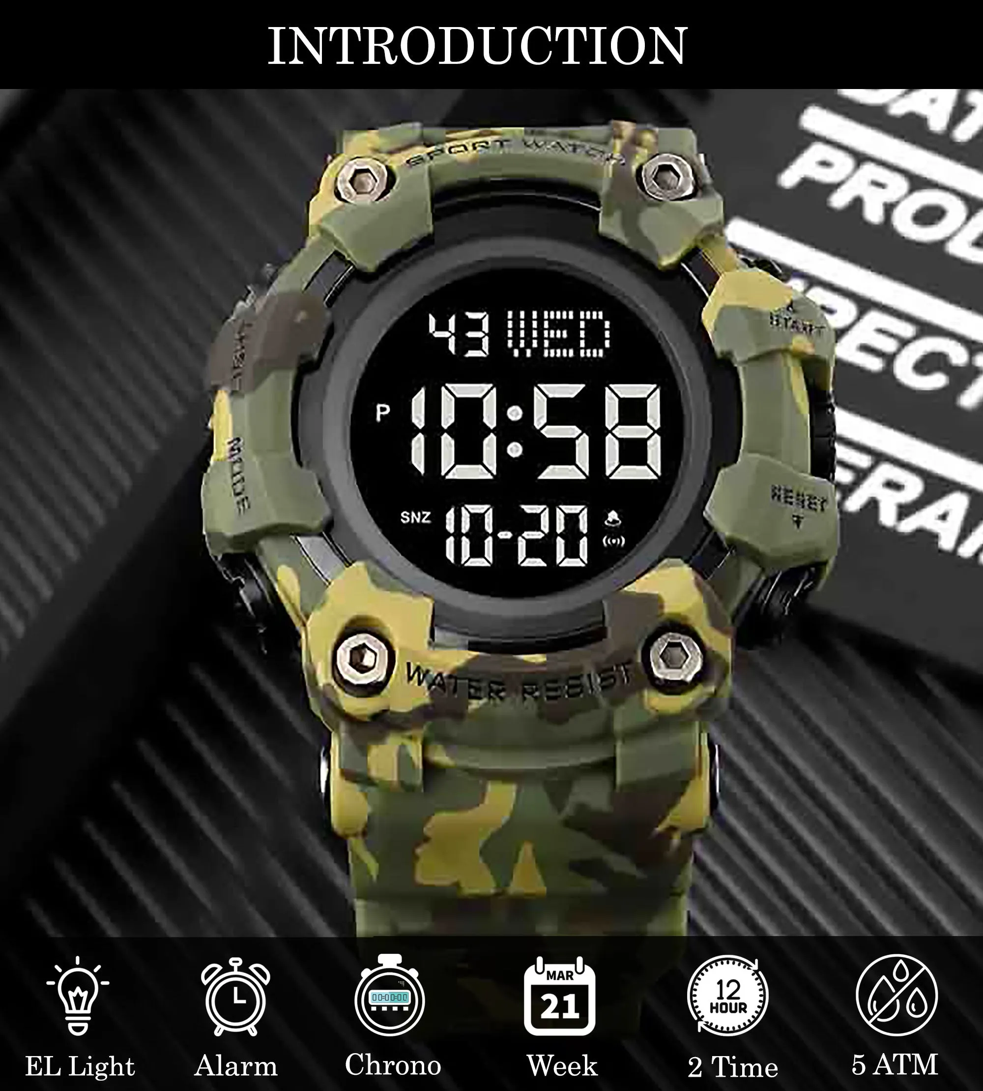 V2A Men Big and Bold Digital Sports Watch with Dual Time Stopwatch Countown Timer 5 ATM Waterproof Digital Sports Watch for Men