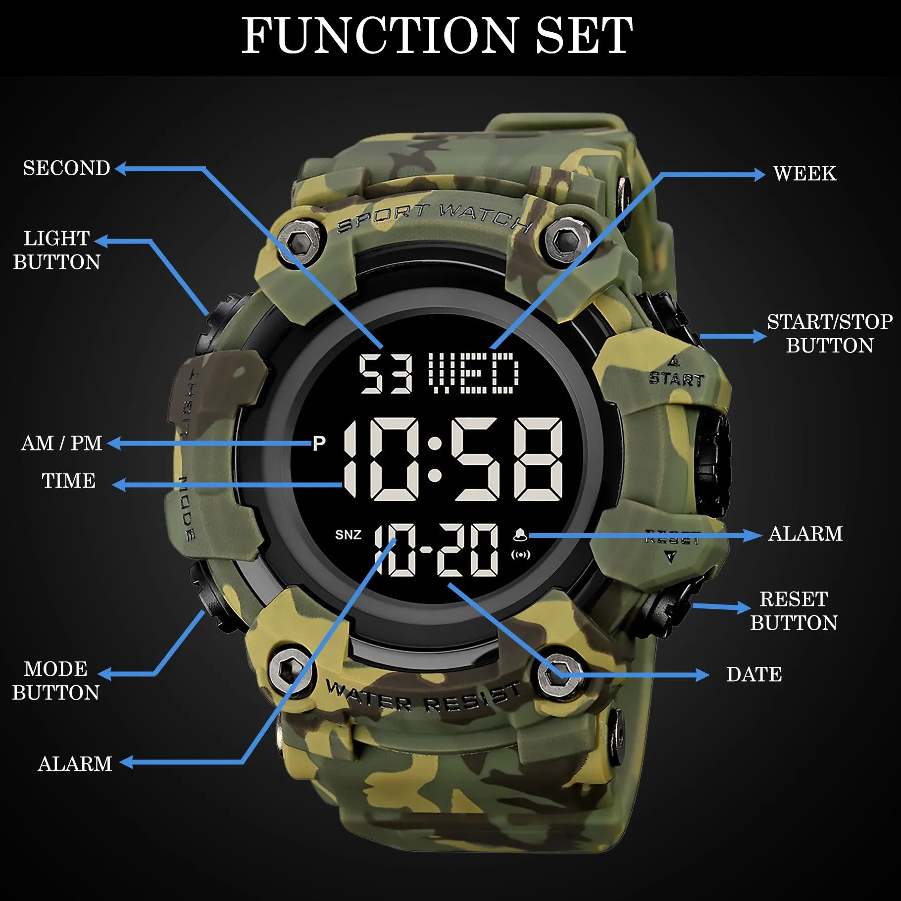 V2A Men Big and Bold Digital Sports Watch with Dual Time Stopwatch Countown Timer 5 ATM Waterproof Digital Sports Watch for Men