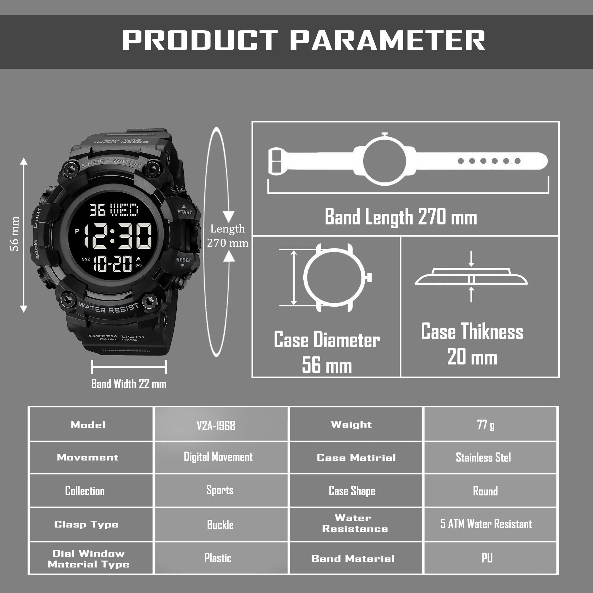 V2A Men Big and Bold Digital Sports Watch with Dual Time Stopwatch Countown Timer 5 ATM Waterproof Digital Sports Watch for Men