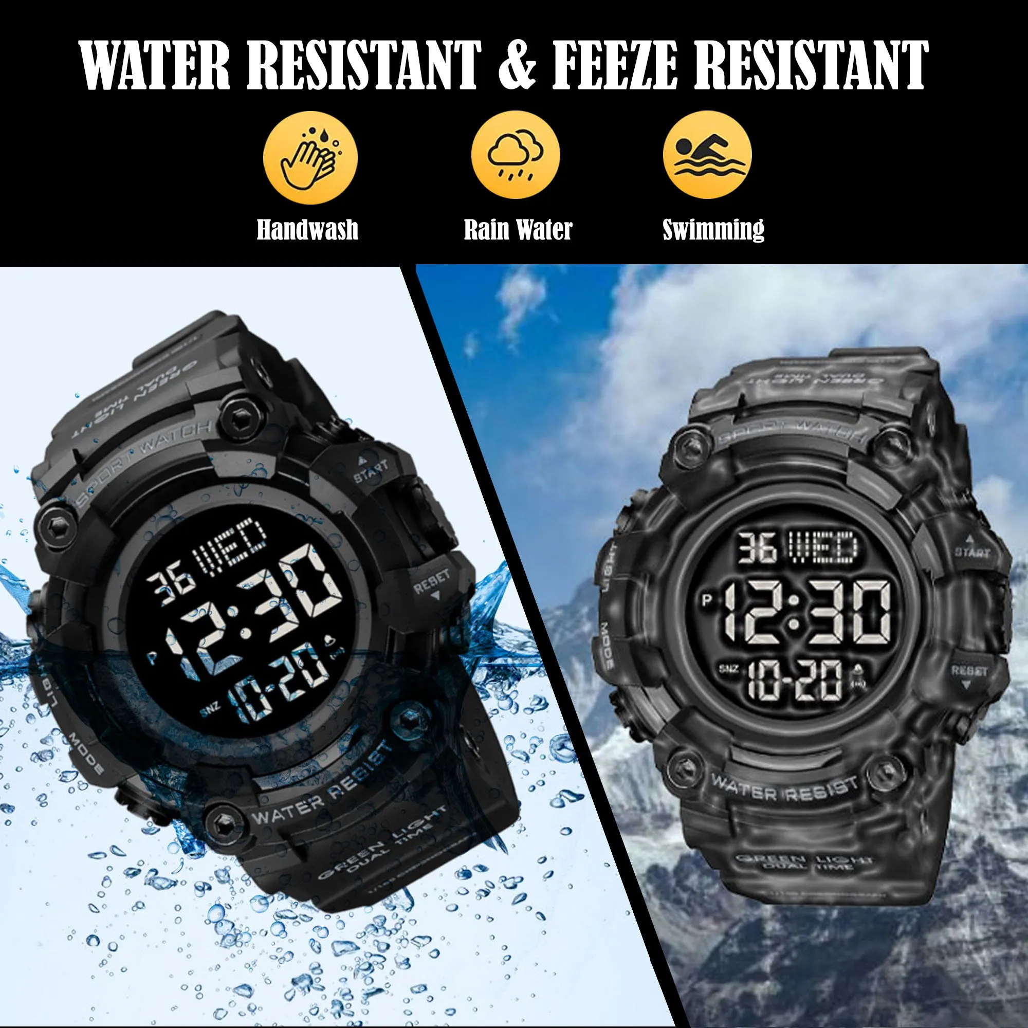 V2A Men Big and Bold Digital Sports Watch with Dual Time Stopwatch Countown Timer 5 ATM Waterproof Digital Sports Watch for Men