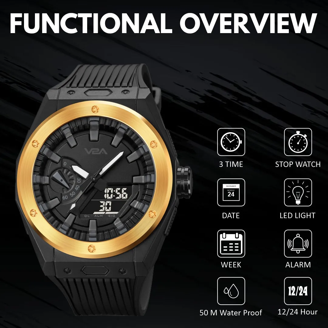 V2A Mens Watch Dual-Display Alloy Screw Bazel 50m Waterproof Watch Fashion Multifunctional Sports Watches for Men | Gift for Men