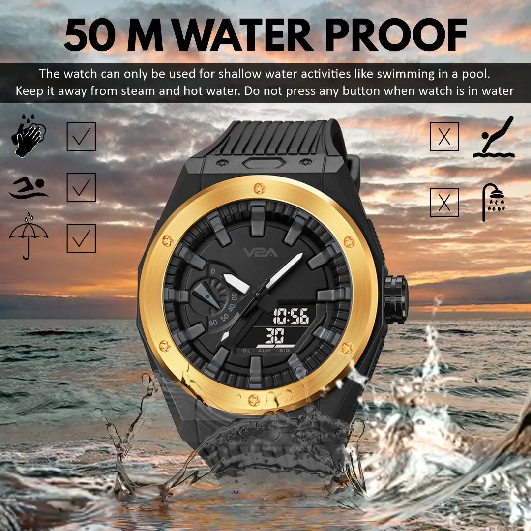 V2A Mens Watch Dual-Display Alloy Screw Bazel 50m Waterproof Watch Fashion Multifunctional Sports Watches for Men | Gift for Men