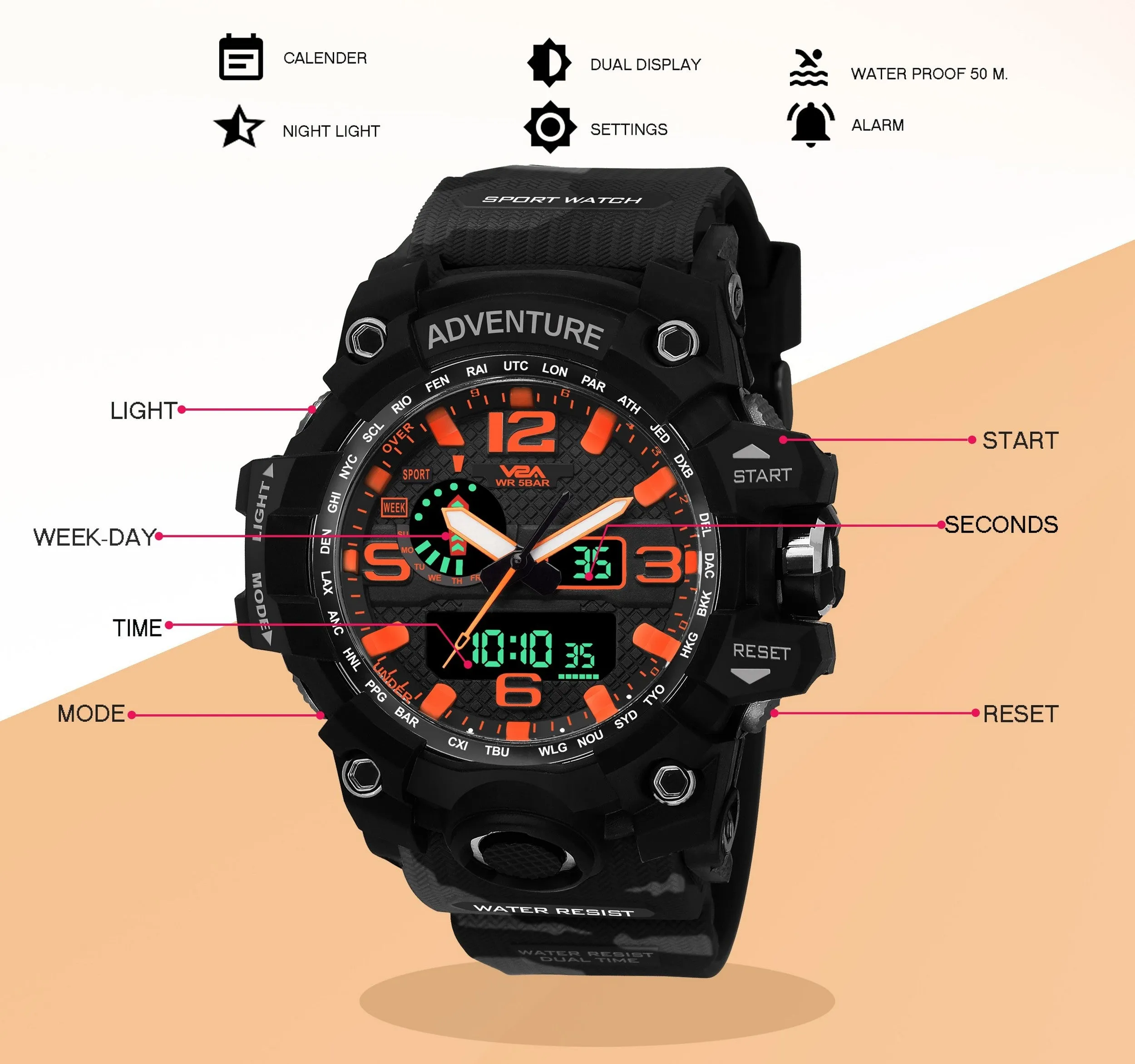 V2A Military Camo Black Orange Chronograph Shockproof Waterproof Analog-Digital Day And Date Display Sports Watch For Men