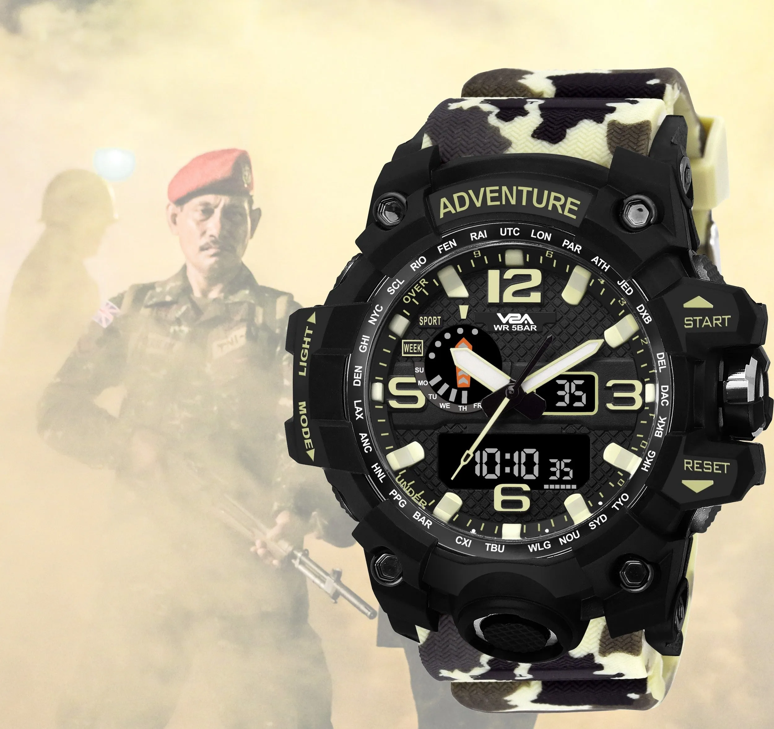 V2A Military Camo Khakhi Chronograph Shockproof Waterproof Analog-Digital Day And Date Display Sports Watch For Men